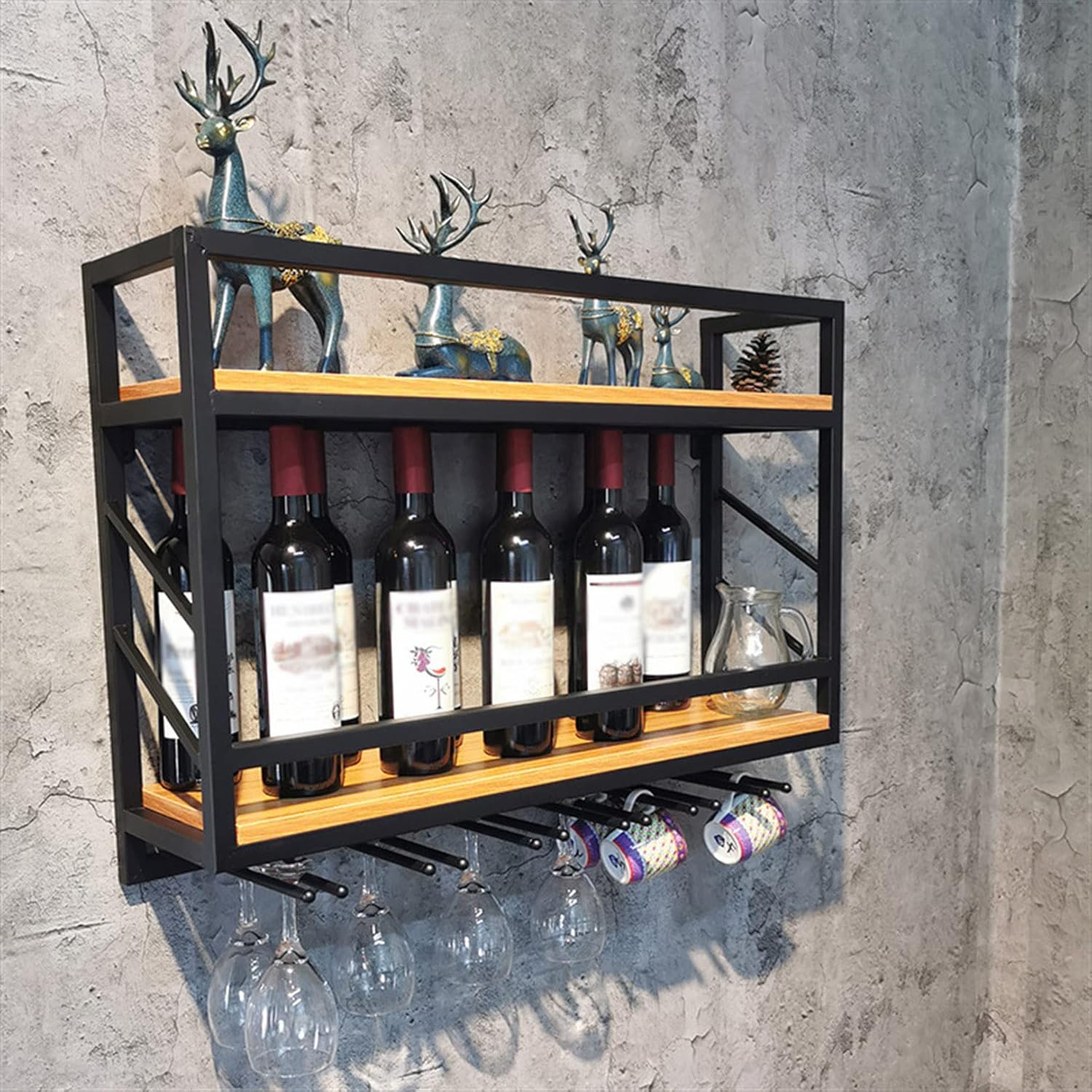 Wall Mounted Wine Rack with 2 Tiers and Glass Holder