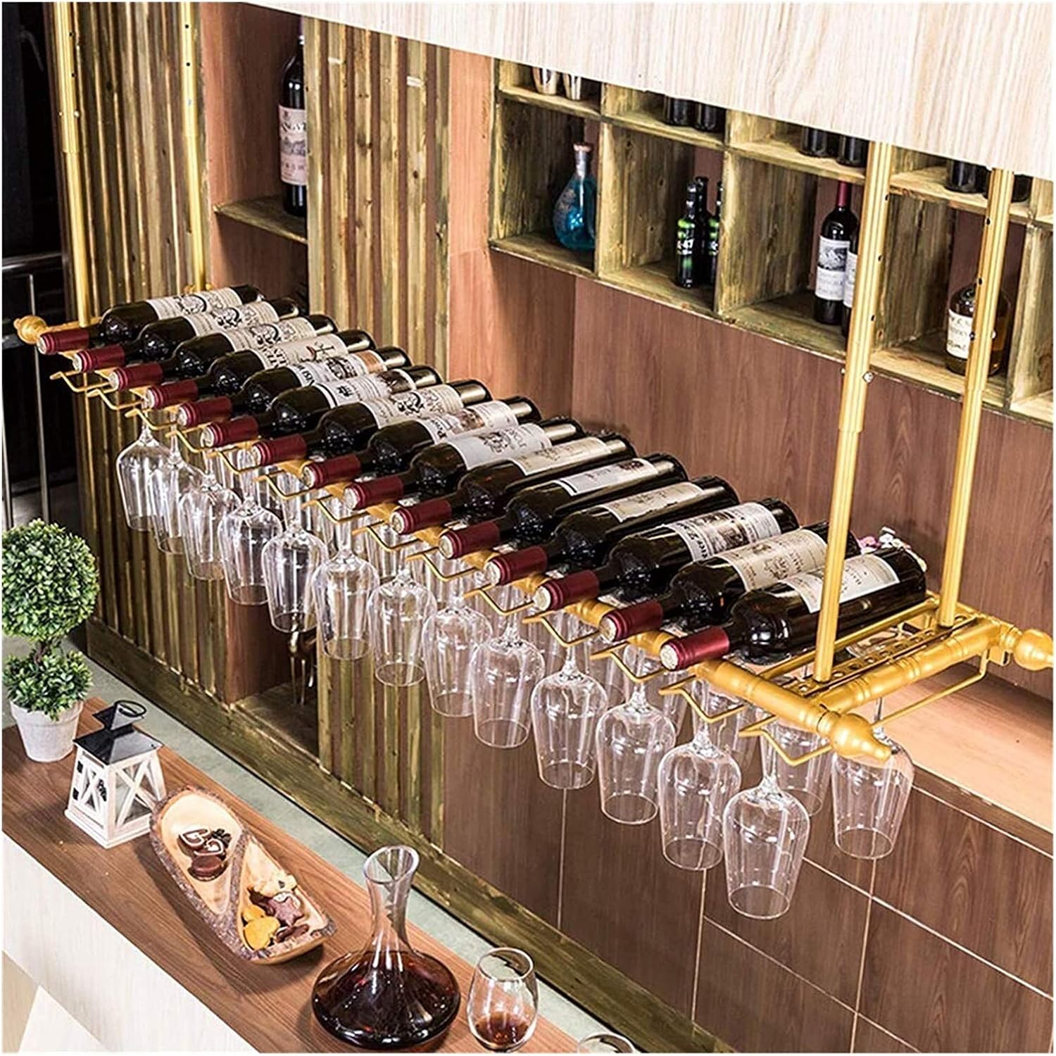 Ceiling Hanging Wine Rack with Glass Holder 40In
