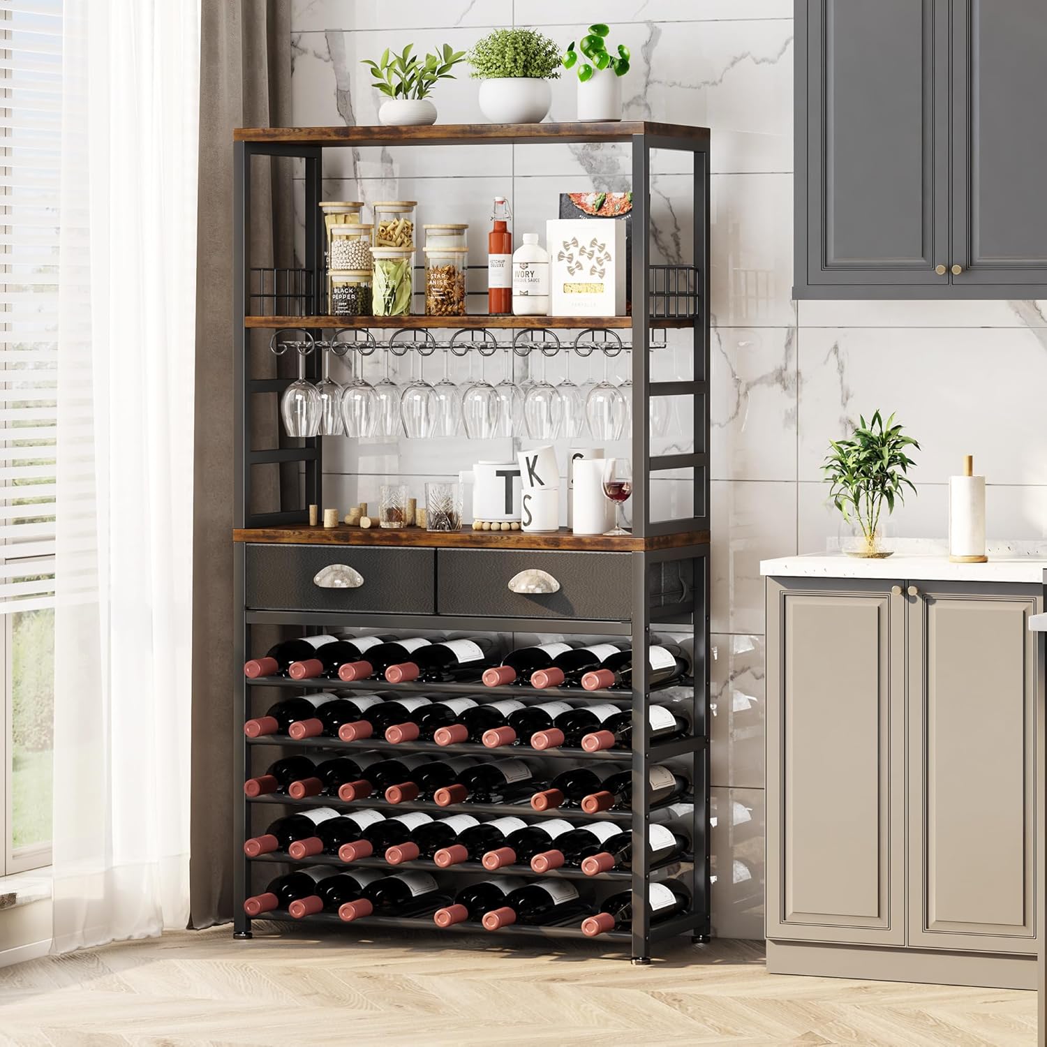 Homeiju 6-Tier Freestanding Wine Cabinet with Drawer and Storage