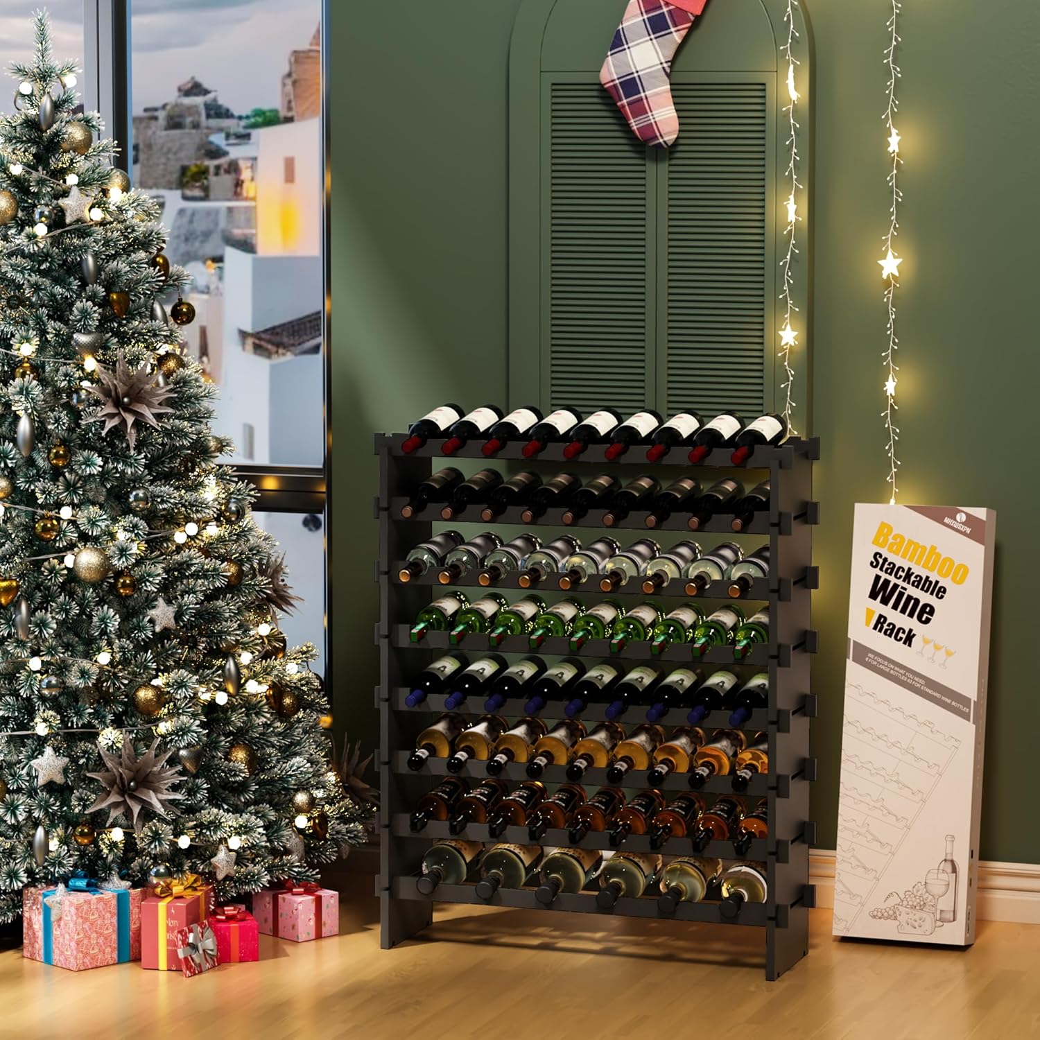 Bamboo 8-Tier Freestanding Wine Rack with Metal Deer Stopper