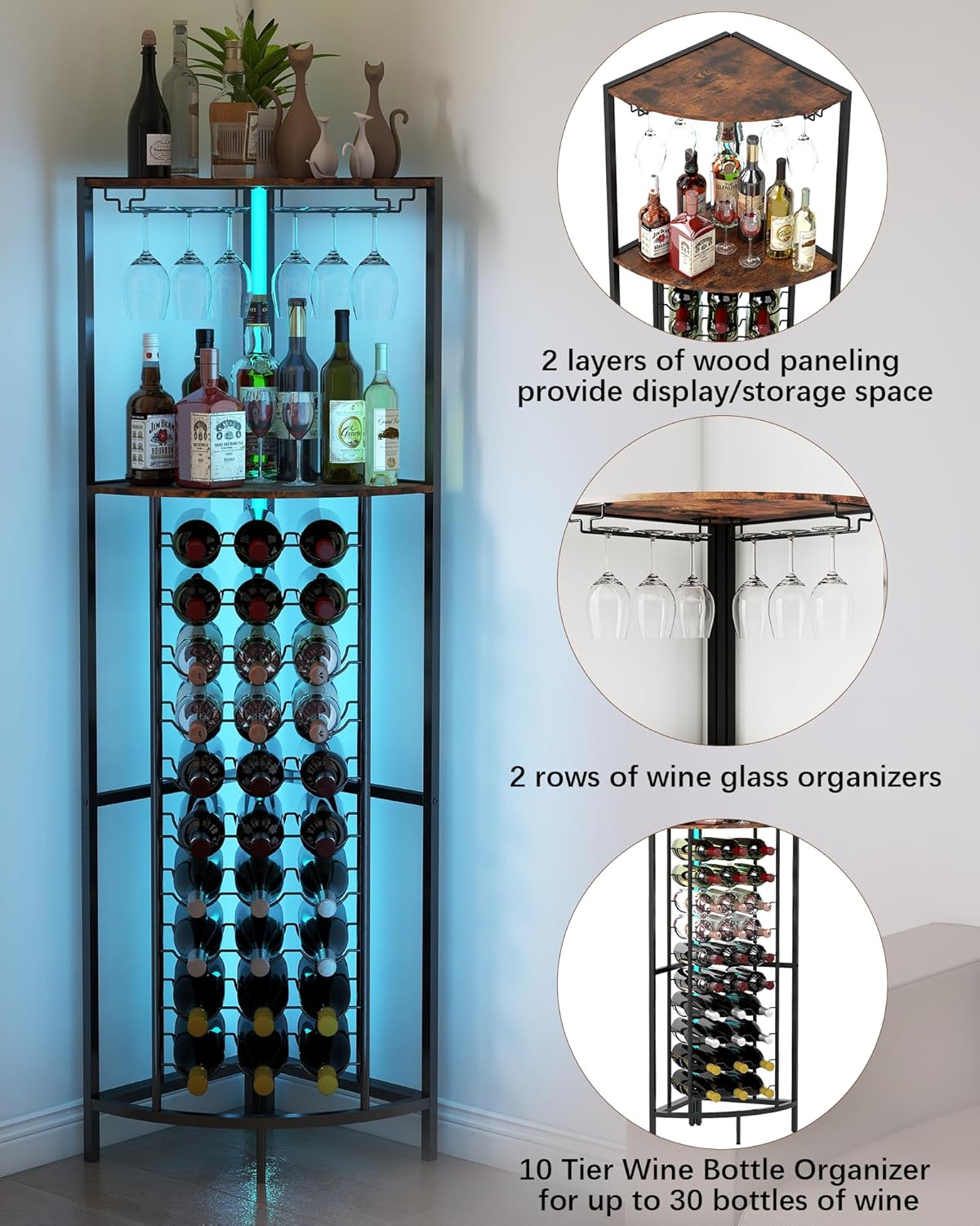 Baoz 30 Bottle Corner Wine Cabinet with LED Light