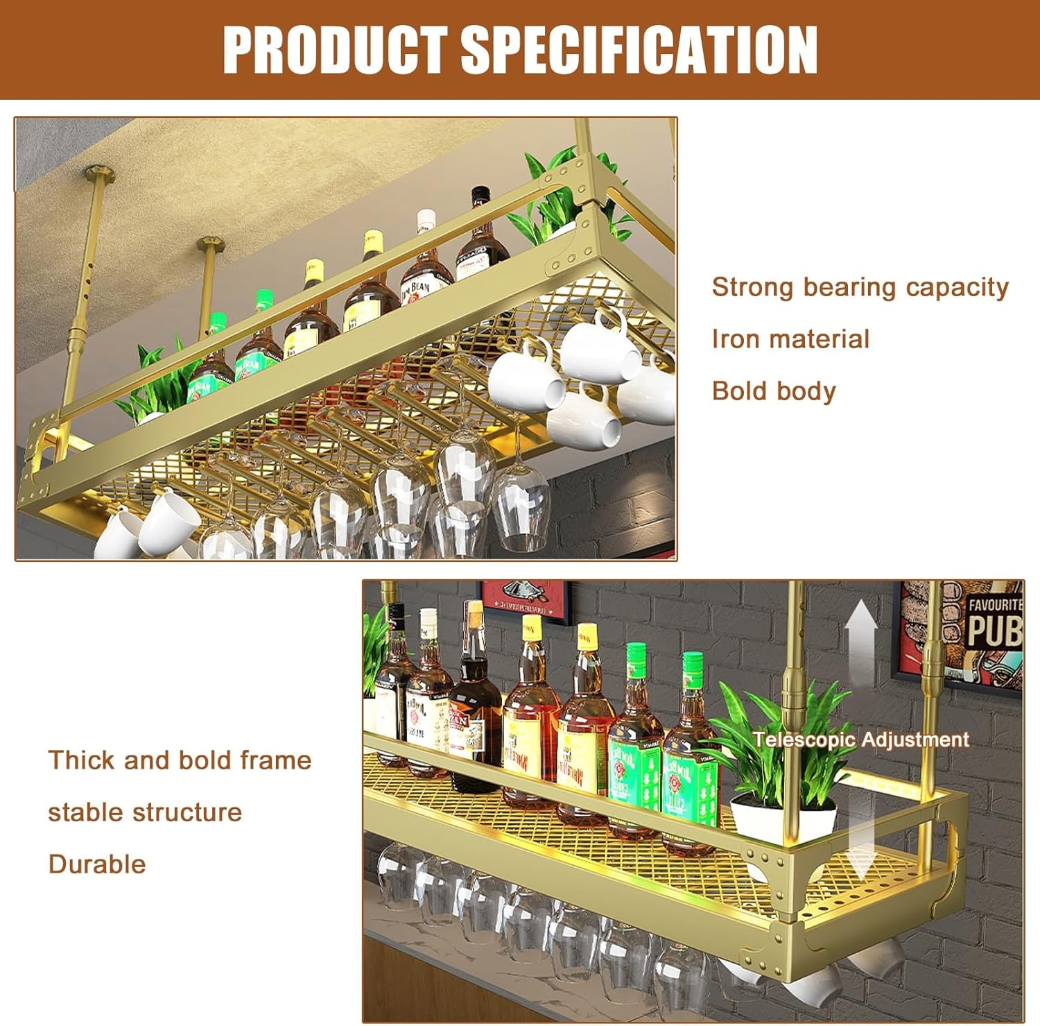 Generic Adjustable Ceiling Wine Glass Rack with LED Light