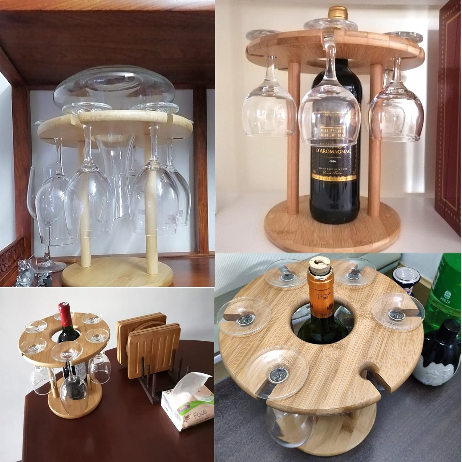 WORDFUN Bamboo Wine Holder with 6 Glasses