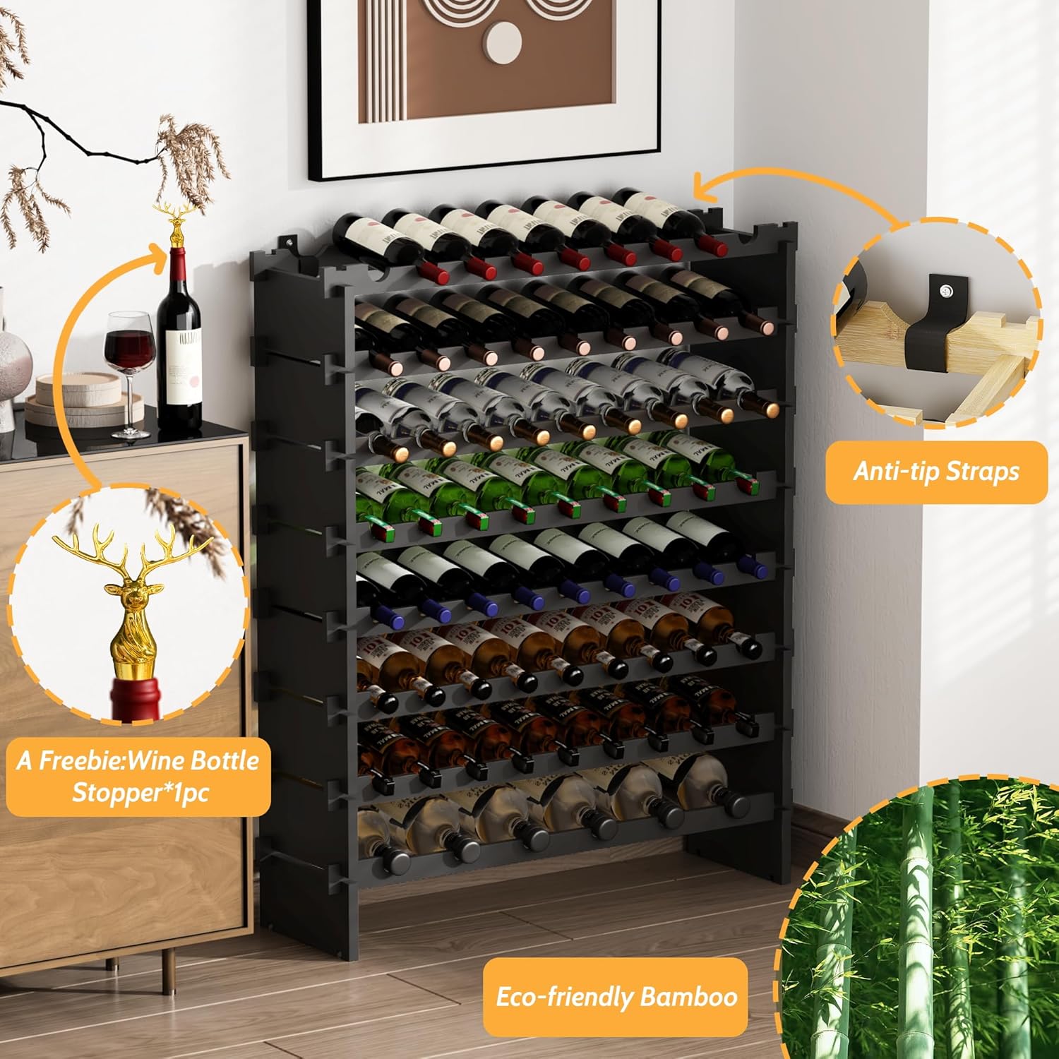 Bamboo 8-Tier Freestanding Wine Rack with Metal Deer Stopper