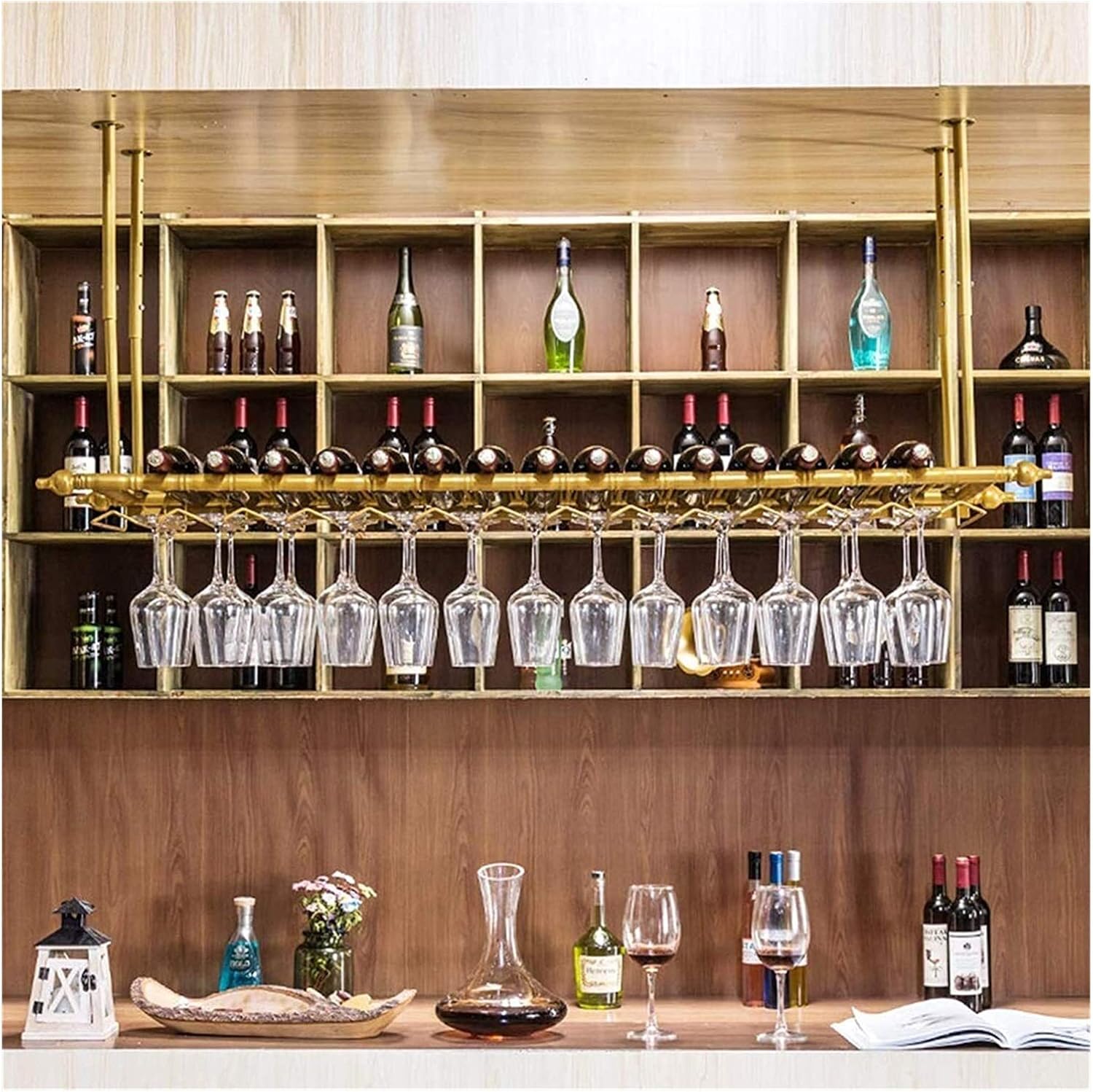 Ceiling Hanging Wine Rack with Glass Holder 40In
