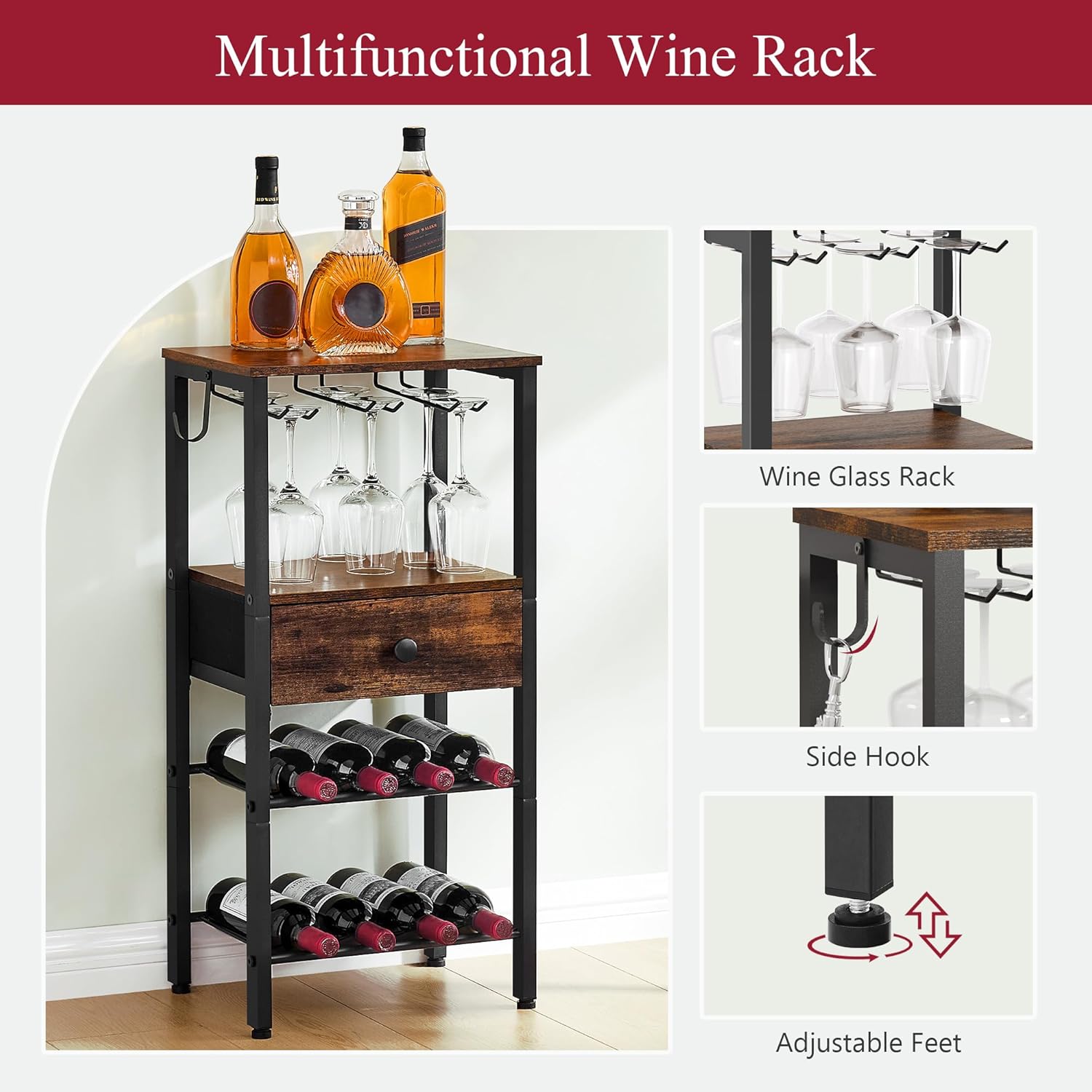 Tajsoon Freestanding 2-Tier Wine Rack with Drawer and Hook