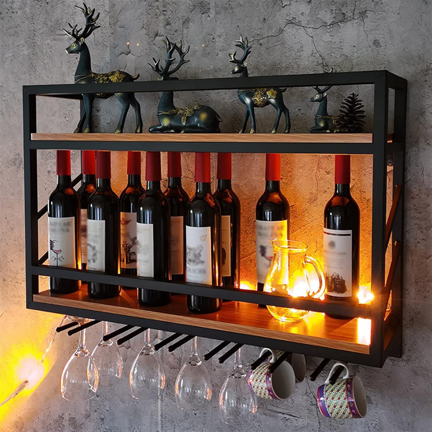 Wall Mounted Wine Rack with 2 Tiers and Glass Holder