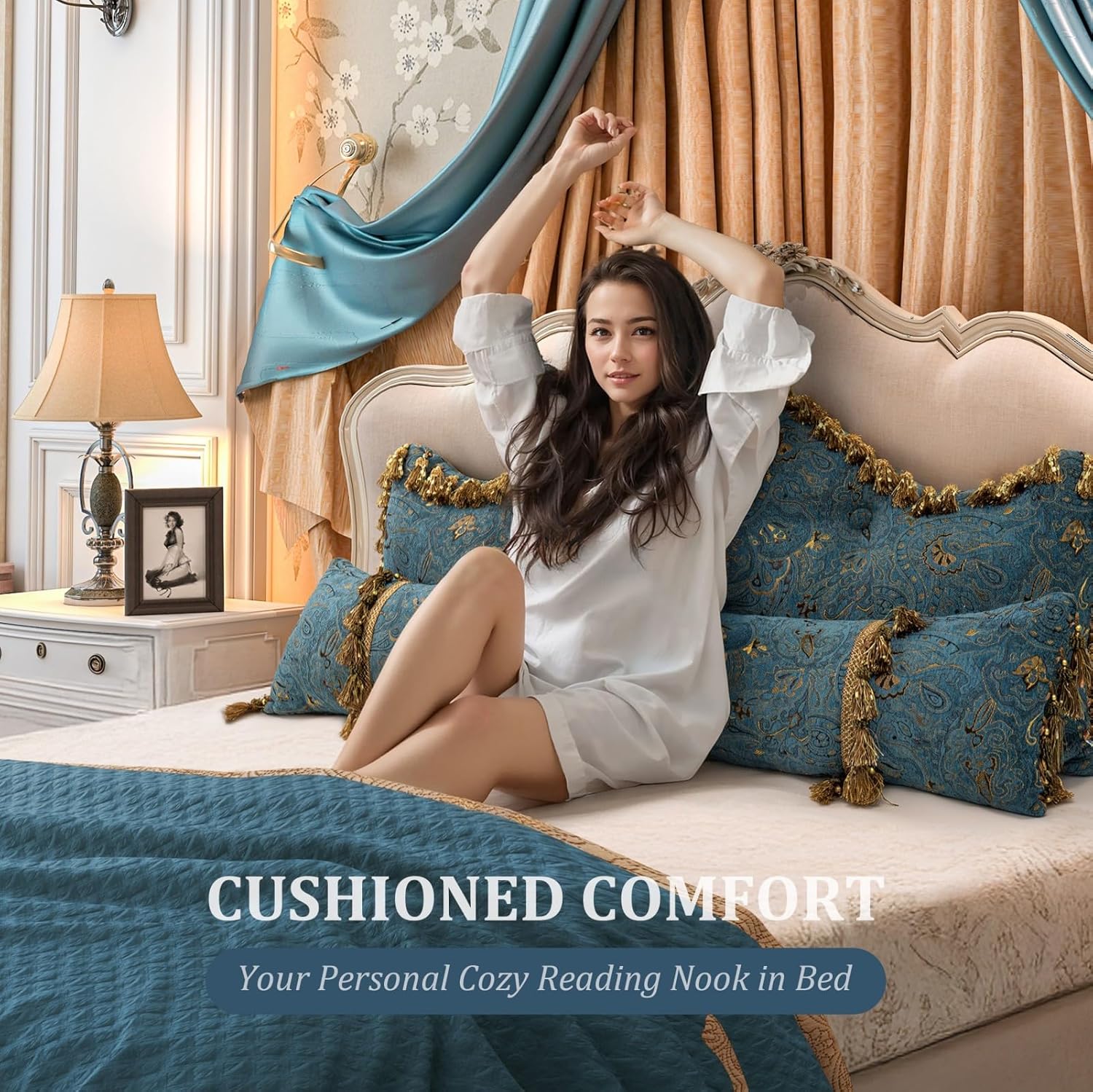 Rucener Euro Headboard Pillow Queen Size Blue with Gold Design