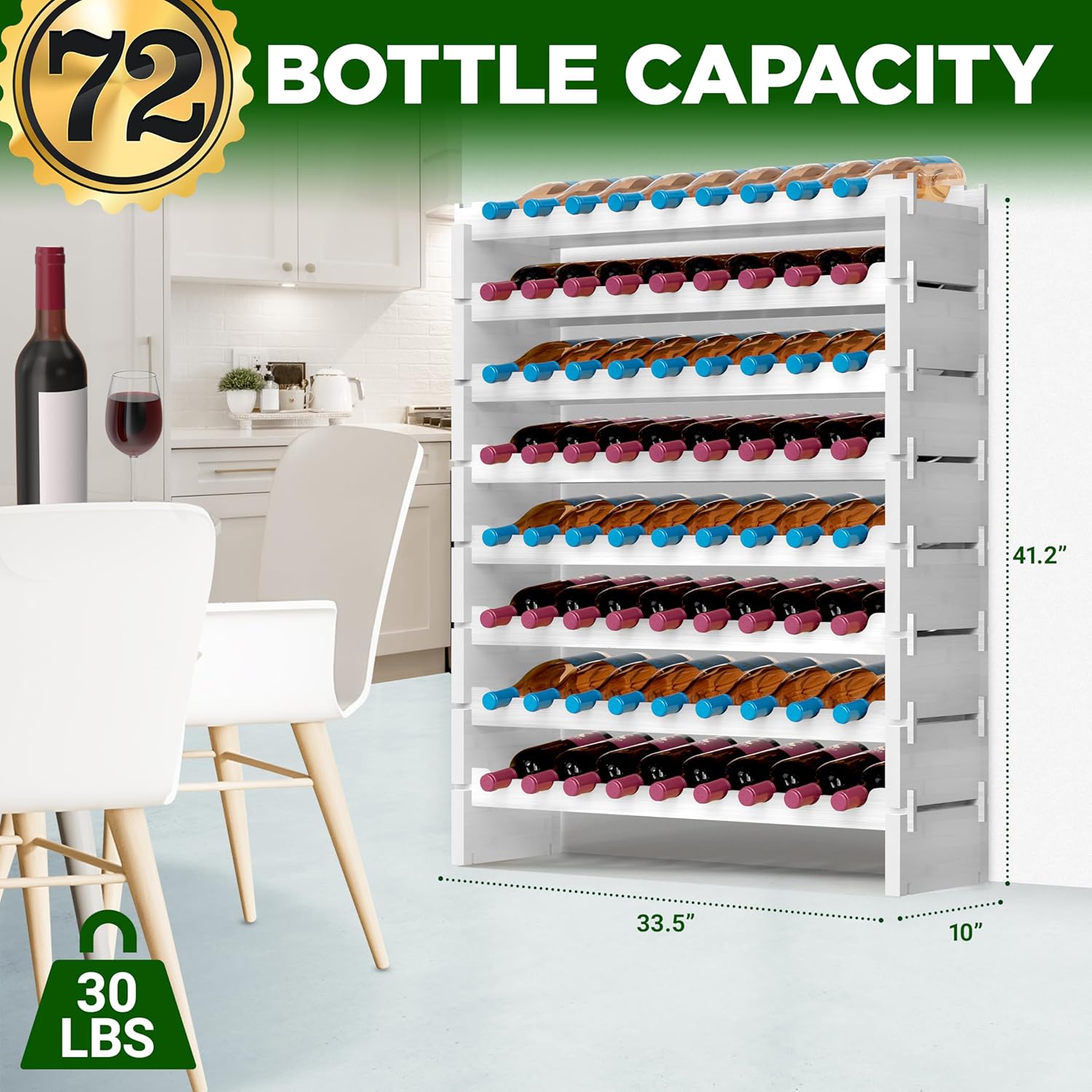 NutriChef Bamboo 8-Tier Wine Rack 72 Bottle Capacity Free Standing