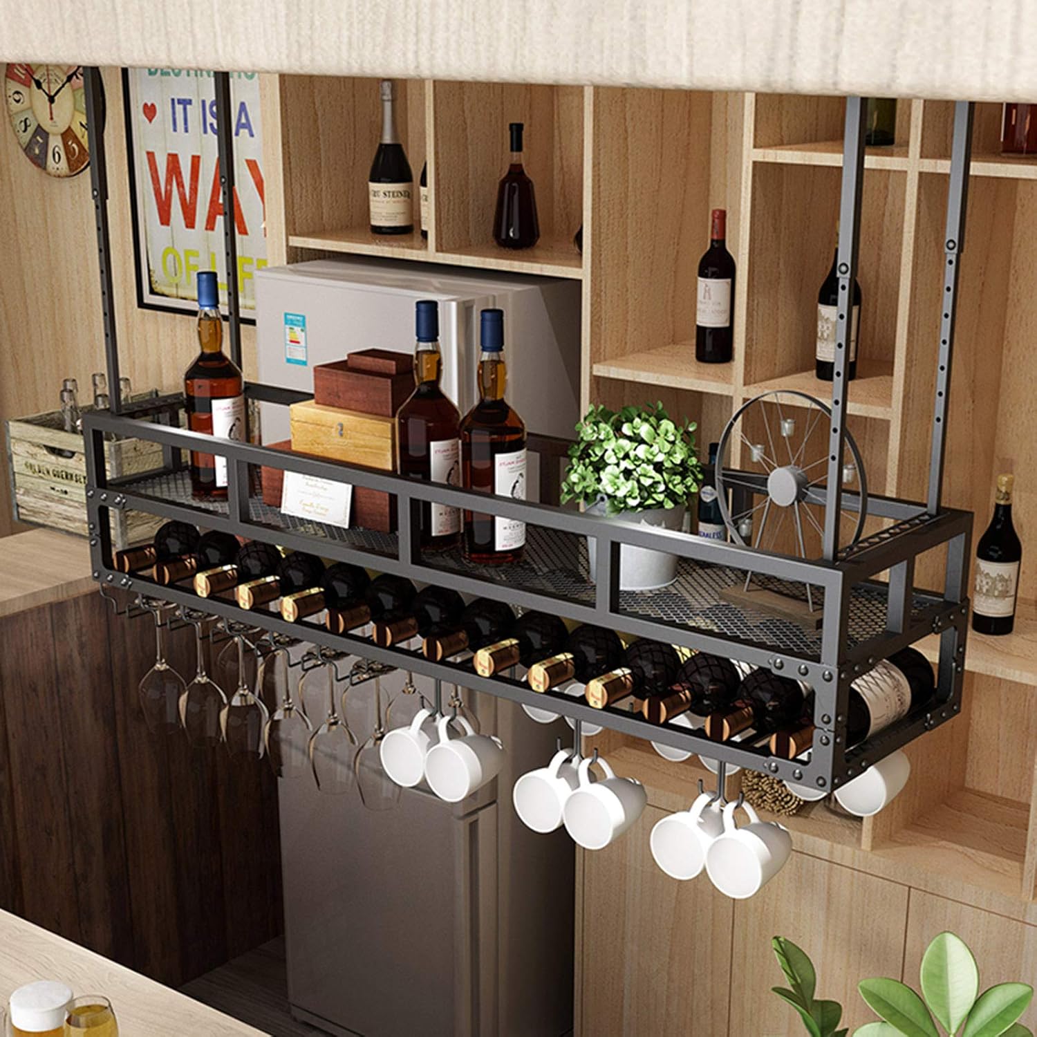 Ceiling Hanging Wine Glass Rack Organizer Black