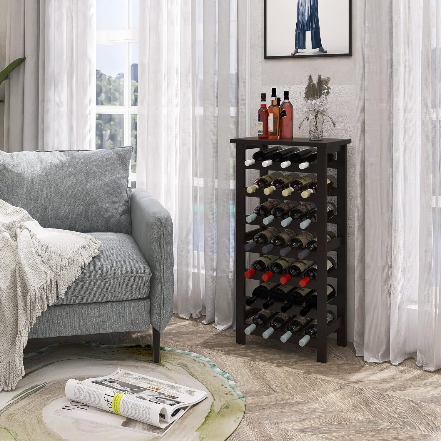 SMIBUY 28 Bottles 7-Tier Bamboo Wine Rack with Table Top